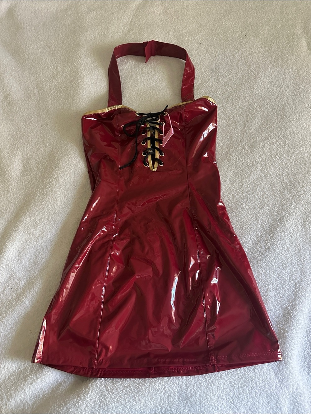Forplay Red Patent Halter Lace-Up Mini Dress with Gold Trim
